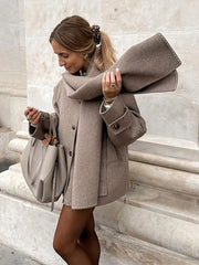 Lunivop Elegant Scarf Collar Short Jackets Women Casual Loose Khaki Single-Breasted Jacket Female Autumn Winter Chic High Streetwear Top