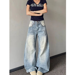 Lunivop Women's Vintage Washed Denim Pants American Retro Baggy Y2K Wide Leg Jeans Woman High Waisted Light Blue Cowboy Sickle Trousers