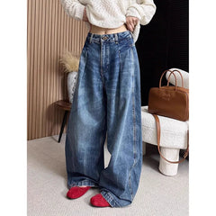 Lunivop Women's Retro Wide Leg Baggy Casual Denim Trouser Harajuku Washed High Waist Loose Jeans Autumn Blue 2000s Pants