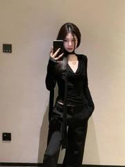 Lunivop American Sexy V-neck Black T-shirts Irregular Slim Fit Long Sleeve Tee Shirt Spring New Long Sleeve Top for Women