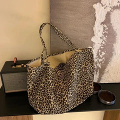 Lunivop Vintage Leopard Print Tote Bag Handbag Women Retro Large Capacity Casual Shoulder Bags Female Harajuku Canvas Y2k Bags