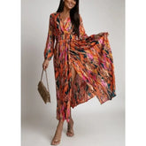 Lunivop Women's Spring/Summer Dress Fashionable Colorful Printed V-neck Long Sleeved Elegant Dress Casual Belt Holiday Dress