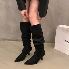 Lunivop New Sexy High Heel Women Knee High Boots Fashion Pleated Slip on Shoes Autumn Winter Ladies Knight Long Boot Botas De Mujer