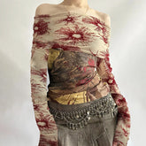 Lunivop Vintage Mesh See Through Cropped Top y2k Aesthetic Floral Print Slash Neck Long Sleeve T-Shirts Women Retro Fashion Tees