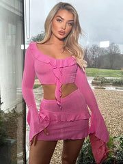 Lunivop Sexy Hot Girl Ruffled Edge Crop Top Mini Skirt Two-piece Set Slim Short Skirt Sets Beach Club Party Ladies Outfits