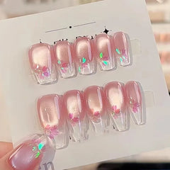 Lunivop 10pcs Handmade Reusable False Nails Set Cherry Blossom Cat Eye Stick-on Nails Spring Summer Manicure Press on Nails with Design