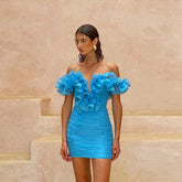 Lunivop Off Shoulders Mini Prom Party Dress Blue Pleated Tulle Short Mermaid Cocktail Gowns Pretty Ruffles Homecoming Dresses