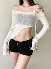 Lunivop Slash Neck Women Sexy Slim Irregular Solid Tees Off Shlouder See Through Vintage T-Shirt Y2k Harajuku Female Crop Top Streetwear