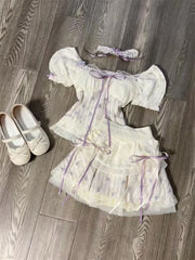 Lunivop Summer Sweet Puff Sleeve Slim Fit Floral Top for Women+ Y2k High Waist Lace Bow Cake Skirts New Two Piece Sets