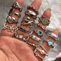 Lunivop Y2K Crystal Rings Kpop Heart Adjustable Ring Irregular Geometry Punk Vintage Rings For Women Girls New Fashion Jewelry
