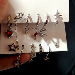 Lunivop 6PCS Kpop Goth Red Zircon Crystal Star Corss Moon Heart Dangle Earrings Set For Women Trend Men Punk Cool Aesthetic Y2K Jewelry