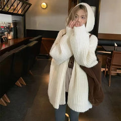 Lunivop Chunky Knit Open Front Hooded Cardigan for Women Comfy Longline Sweater Hoodie Coat Female Casual Chic Autumn Winter Outfit