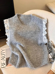 Lunivop Lace Patchwork Sweet Sweater Vest Women Vintage O Neck Casual Knitted Tops Korean Preppy Style Lady Lazy Wing Cute Vest New