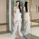 Lunivop Simple Strapless Mermaid Wedding Dresses Sheer See Thru Lace Bridal Gowns Custom Made Sleeveless High Split Ruffle Tulle Wedding