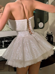 Lunivop Sexy Strapless Shiny Bandage Women Dress White Backless A-line Dress Female Spring Slim Elegant Party Clubwear Vestidos