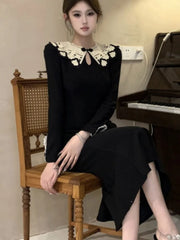 Lunivop Vintage Black Mermaid Women's Dresses French Elegant Lace Patchwork Bodycon Evening Party Midi Dress New Vestidos Female Clothes