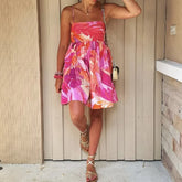Lunivop Holiday Tie-dye Flower Print Slash Collar Ruched Chest Mini Sling Dress Sexy Low Back Backless Robe BOHO Summer Vestido