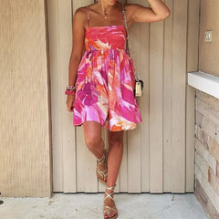 Lunivop Holiday Tie-dye Flower Print Slash Collar Ruched Chest Mini Sling Dress Sexy Low Back Backless Robe BOHO Summer Vestido
