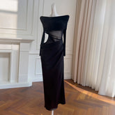 Lunivop Fashion Mesh Hollow Out Dress Women's Slash Neck Long Sleeve Waist Retraction Dresses 2025 Summer New Tide