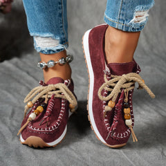 Lunivop Tribal Beaded Women's Flats Spring Autumn Season round Toe Velvet Material Mid Heel Plain Pattern Large Size Slip-On Shoes