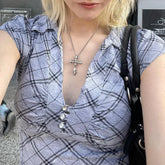 Lunivop Streetwear Contrast Color Striped Casual Short Sleeve T-Shirt Women Summer New V-Neck Button Sexy Slim All Match Crop Tops