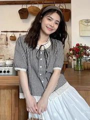 Lunivop Sweet Vintage Women Plaid Blouse Casual Preppy Style Lace Patchwork Loose Shirt Cute Retro Female Short Sleeve Lace Up Tops