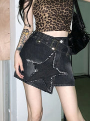 Lunivop Vintage Star Y2K Denim Skirt Women High Waist Harajuku Belt Black Mini Skirt American Streetwear Retro Summer Gothic Skirt