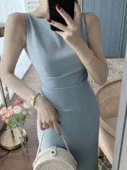 Lunivop Women Spaghetti Strap Sleeveless Solid Sexy Dresses Summer New Fashion Office Lady Female Elegant Evening Party Midi Dress