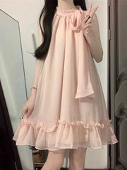 Lunivop Pink Beach Mini Dress Women Sweet Bow Fashion Casual Korean Sexy Halter Dress Summer Chic Loose Female Elegant Dress New