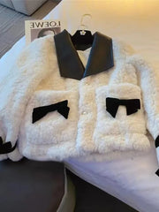 Lunivop Women Sweet Bow Faux Lamb Coat Fashion Korean Long Sleeve Winter Warm Jacket Chic Slim Patchwork Elegant Pockets Outwear