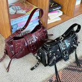 Lunivop Vintage Black Y2k Shoulder Bags Women Sweet Cool Hot Girls Rivet Pu Leather Handbag Ladies Moto Biker Underarm Bag Chic