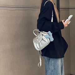 Lunivop Harajuku Bow Silver Backpack Women Preppy Style Hot Girls Leather Mini Backpacks Female Fairycore Aesthetic Y2k Mochila