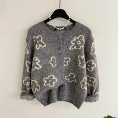 Lunivop Cute Floral Knitted Cardigan for Women Cozy O-neck Button Front Sweater Jacket Teen-girl Fall Winter Korean Fashion Outfit