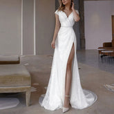 Lunivop V-Neck Short Sleeve Wedding Dresses Customized Pleat A-Line Sashes Backless Slide Split Floor-Length Court Train Bridal Gown