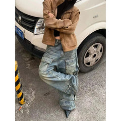 Lunivop Women's Y2k Blue Cargo Jeans Baggy 2000s Trashy Aesthetic Streetwear Oversize Denim Trousers Harajuku Jean Pants Vintage Clothes