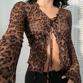 Lunivop y2k Sexy Mesh Crop Top Vintage 2000s Leopard Print Ruffles Patchwork Bandage Cardigan T-shirts Women Transparent Club Tee
