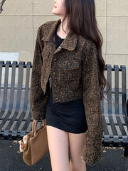 Lunivop Y2K Cropped Leopard Denim Jacket Women Vintage Streetwear Long Sleeve Slim Short Coat American Harajuku Female Hip Hop Tops