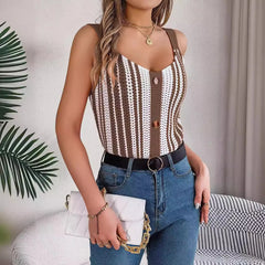 Lunivop Fashion Women's Clothing V-neck Button Contrasting Color Hollow Knitted Sweater, Vacation Suspender Top Vest Women's Clothing
