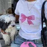 Lunivop Y2k Harajuku Bowtie Printed Crop Tops Vintage Aesthetic T Shirt 2000s Girls Kawaii Streetwear Summer Baby tee Women‘s Clothes