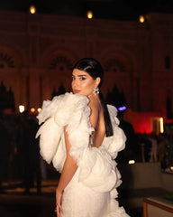 Lunivop O-neck Ruffles Sleeve Mermaid Dress With Train Ruffled Floral Evening Dresses Off White Lace Long Woman Clothes Elegant Prom Dress