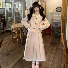 Lunivop Harajuku Vintage Sweet Bow Pink Coat Women+ Autumn Winter Fashion Mid-length Ruched A-line Skirts New Two Piece Sets