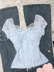 Lunivop Summer Vintage Apricot Lace Blouse Women Elegant Sweet Bow Slim Fit Tops Female Retro Chic Y2K Fashion Casual Sweet Tees New