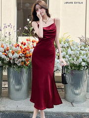 Lunivop Summer Red Satin Elegant Sling Long Dress Women Fashion Chic Beading Slit Dresses 2025 Korean Vintage Luxury Party Evening Dress