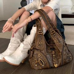 Lunivop Vintage Brown Y2k Handbag Women Retro Subculture Leather Large Capacity Shoulder Bags Ladies Harajuku Aesthetic Tote Bag