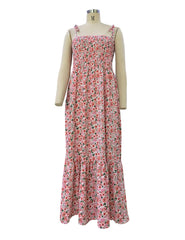 Lunivop Women Summer Dress Fashion Print Floral Sleeveless Spaghetti Straps Ruched Beachwear A-line Slash Neck Long Sundress