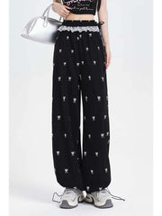 Lunivop Bow Print Sweet Wide Leg Pant Women Loose Elegant Lace Patchwork Trousers Summer Vintage Cute High Waist Lady Casual Pants