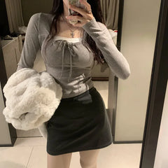 Lunivop New Wooden Ear Edge Square Collar Bow Decoration Slim Long Sleeve Top Y2k Millennial Style Street Style Top For Women