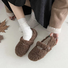 Lunivop White French Mary Jane flat-bottomed fluffy shoes for women's new autumn and winter warm-soled beanie cotton shoes