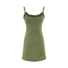 Lunivop Vintage French Style ArmyGreen Polka Dot Print Wood ears O neck Sling Dress Women a-lined Short Dresses Femme Vestidos Robe