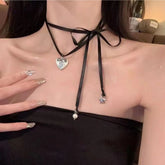 Lunivop Goth Cute Y2K Pink Black Ribbon Heart Necklace Egirl Sweet Star Pearl Pendant Chain Birthday Party Jewelry 2000s EMO Accessories